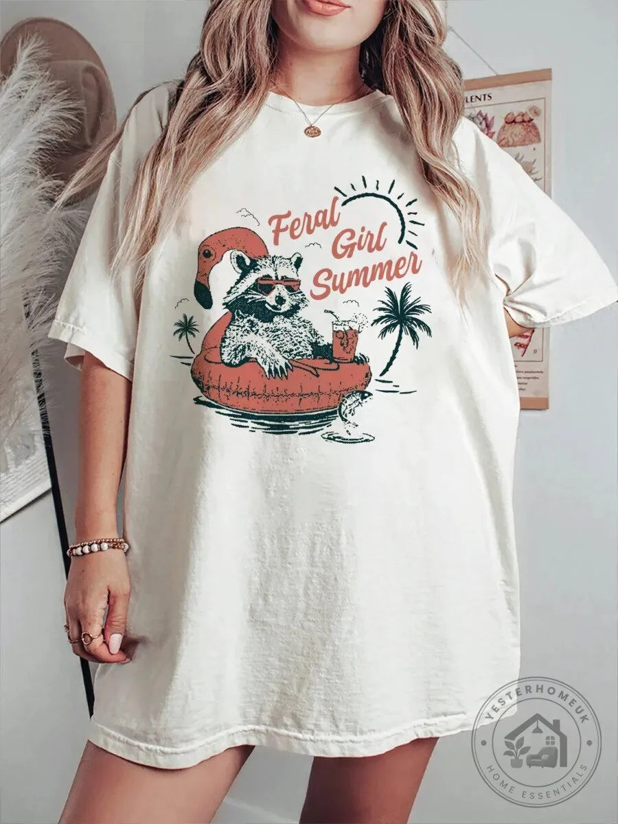 Feral Girl Summer Raccoon Flamingo Floatie Beach Vacation T-Shirt
