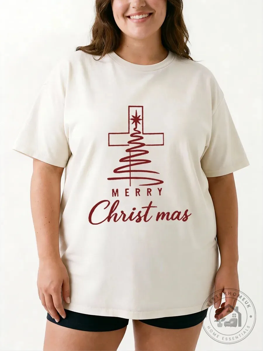 Merry Christmas Cross Tree Christian Holiday Graphic T-Shirt